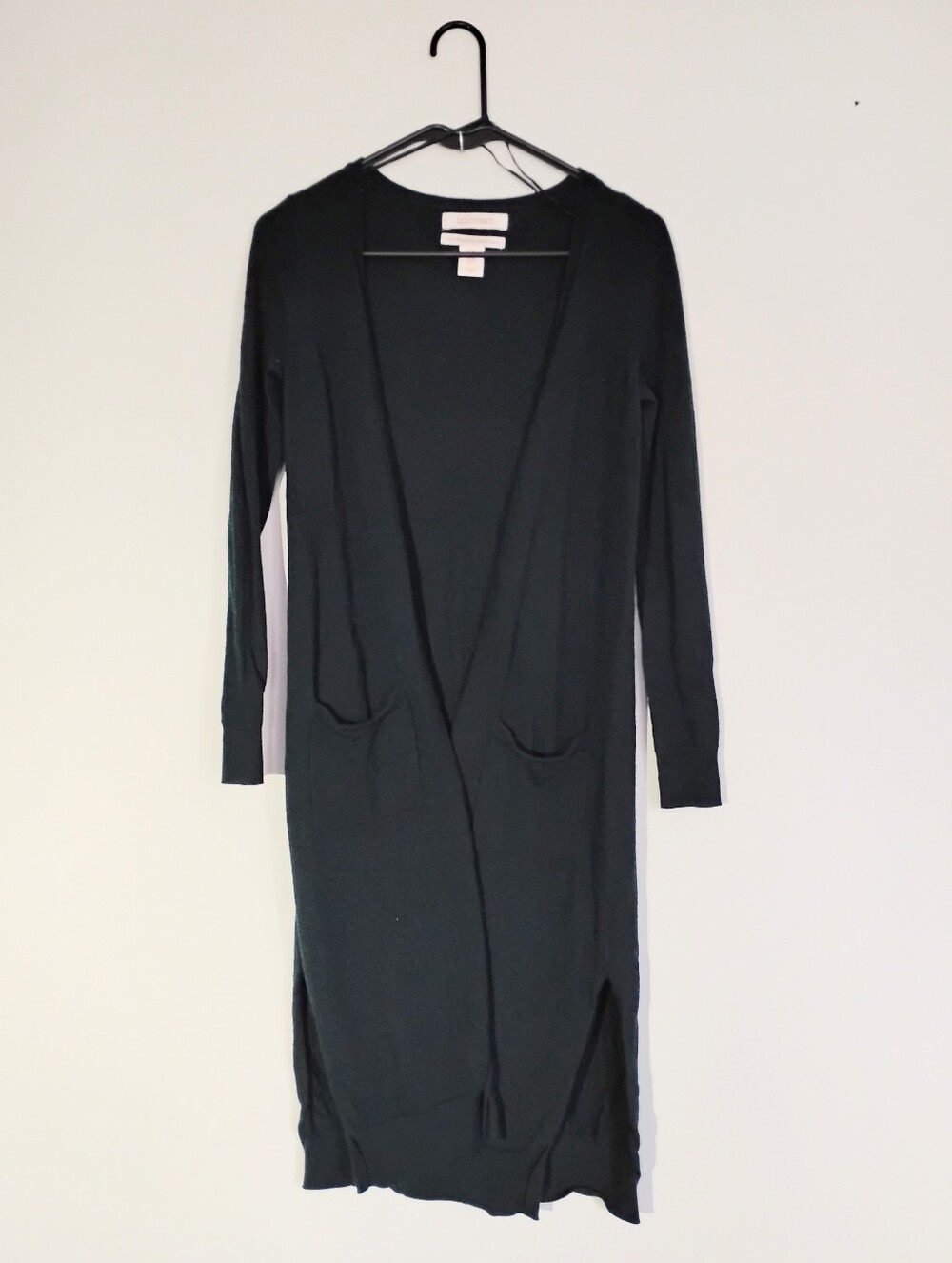 Ellen Tracy Long Dark Forest Green Open-Front Women's 100% Wool Cardigan Sweater